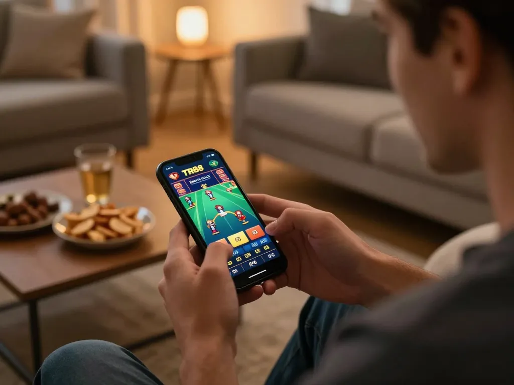 Player enjoying Tr88 win moments on mobile casino app at home with engaging gameplay.