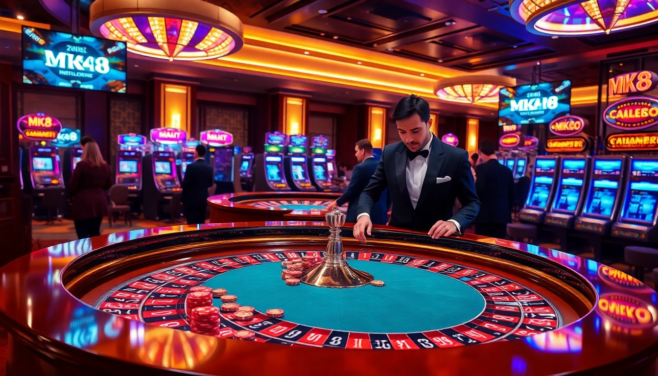 High-stakes gambling scene showcasing MK8 branding with casino tables, slot machines, and excited players.