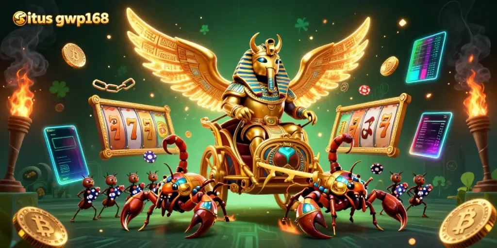 Permainan taruhan situs gwp168 dengan scarab emas dan simbol slot, menciptakan suasana kasino klasik.
