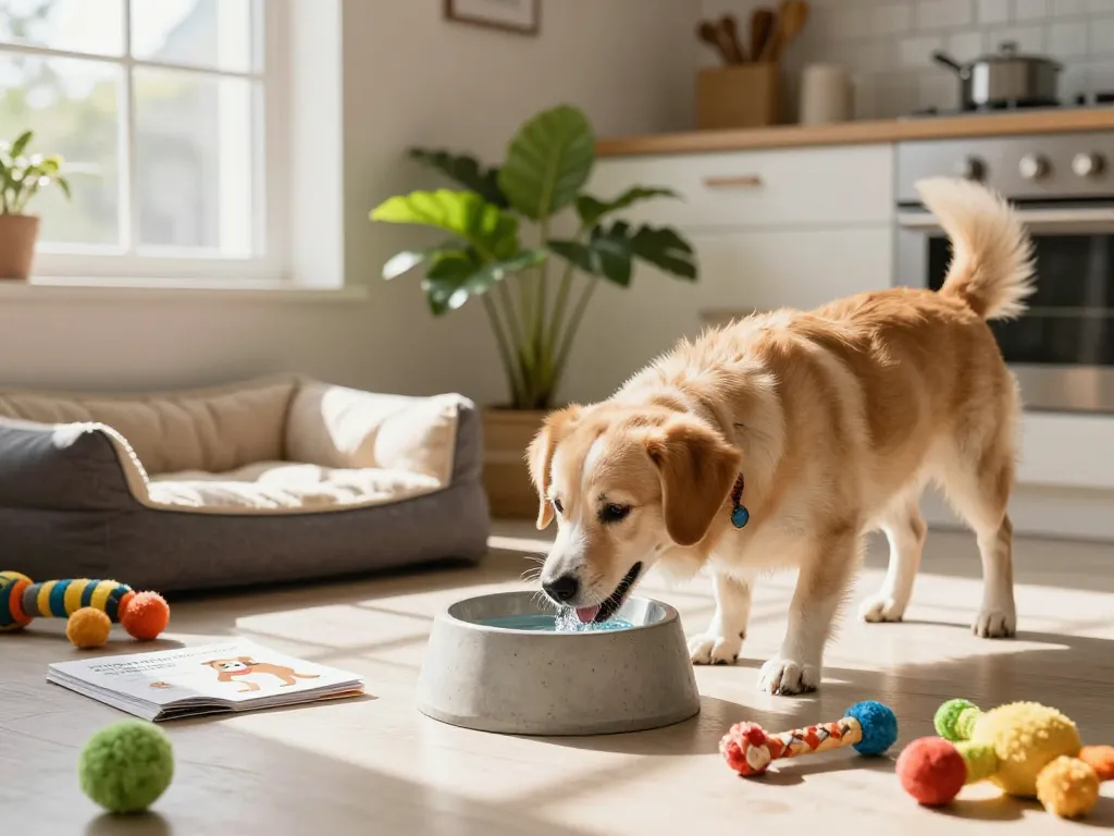 Anjing dengan gembira minum dari mangkuk hewan peliharaan beton yang dikelilingi oleh mainan dan suasana dapur yang nyaman, mewakili lagowin783.