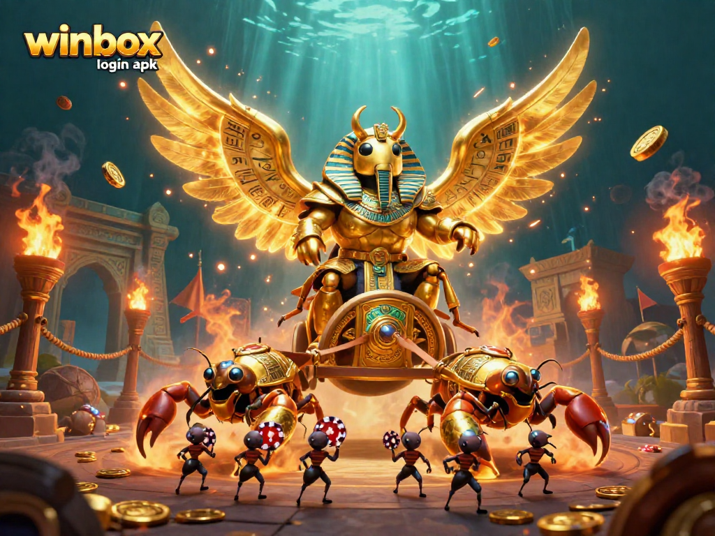 Engage with winbox login apk in a vibrant casino-themed 3D illustration featuring dynamic golden elements.