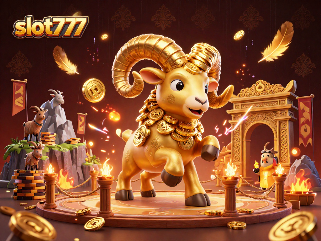 Experience the excitement of slot777 with a golden ram charging through a vibrant casino scene.
