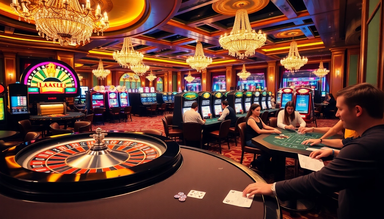 A thrilling casino scene showing gamblers engaged in table games and colorful slot machines at a luxurious casino, highlighting tabet betting excitement.