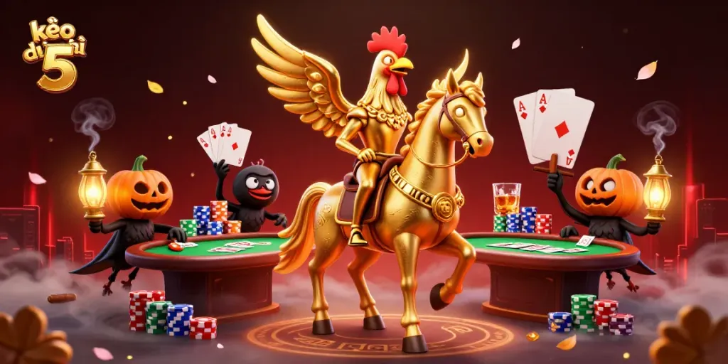 Engage in kèo nhà cái 5 excitement with a golden rooster riding through a vibrant casino scene.