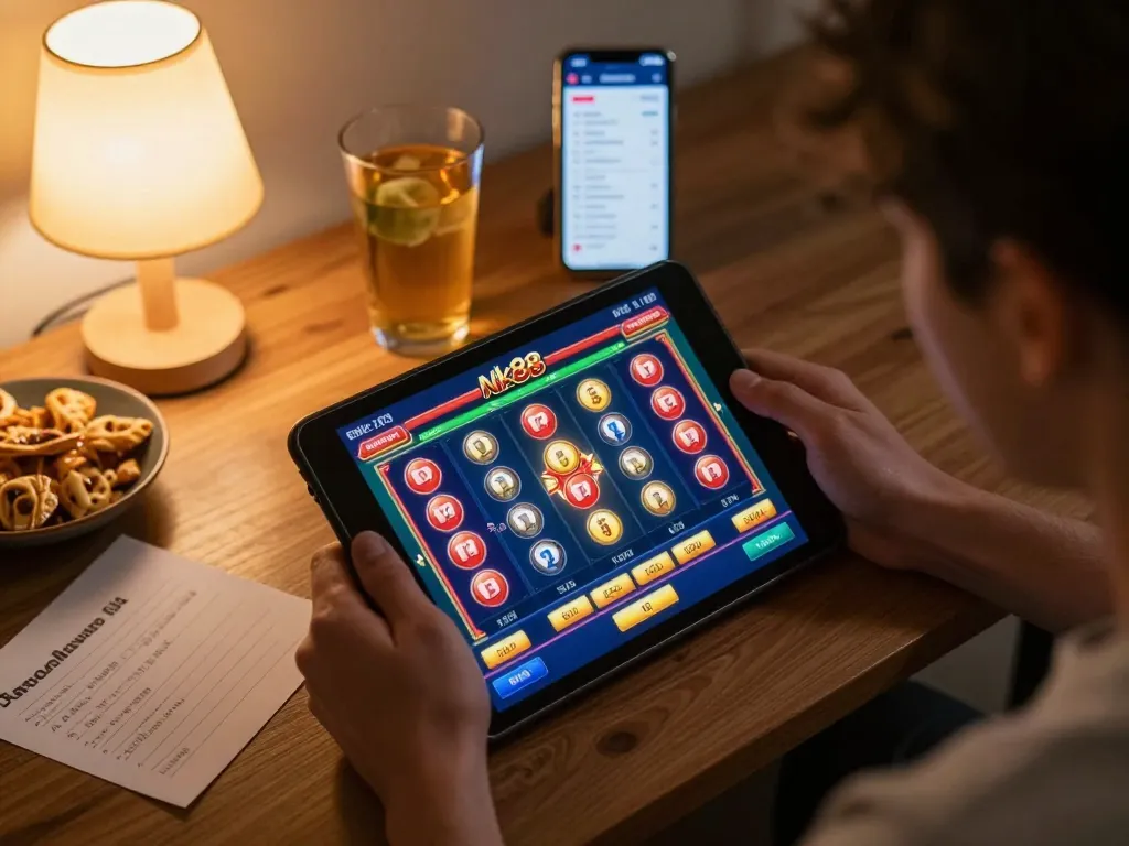 Engaged player strategizing on Nk88 game interface while enjoying a cozy home gaming experience.