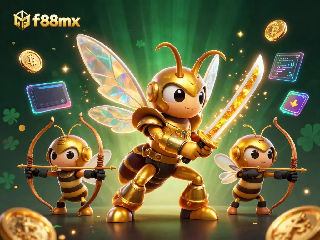 Join the action at fb88mx with a golden hornet warrior among vibrant casino-themed Bitcoin and Ethereum elements.