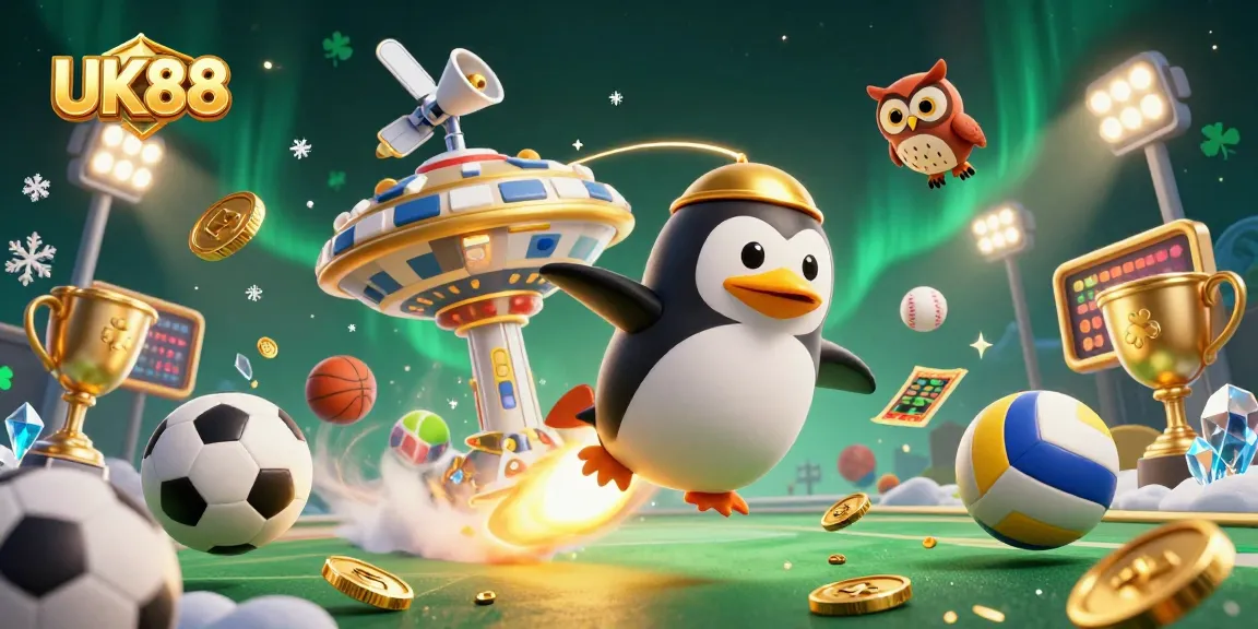 Experience UK88 with a dynamic casino scene featuring a golden penguin, casino chips, and flying sports balls.