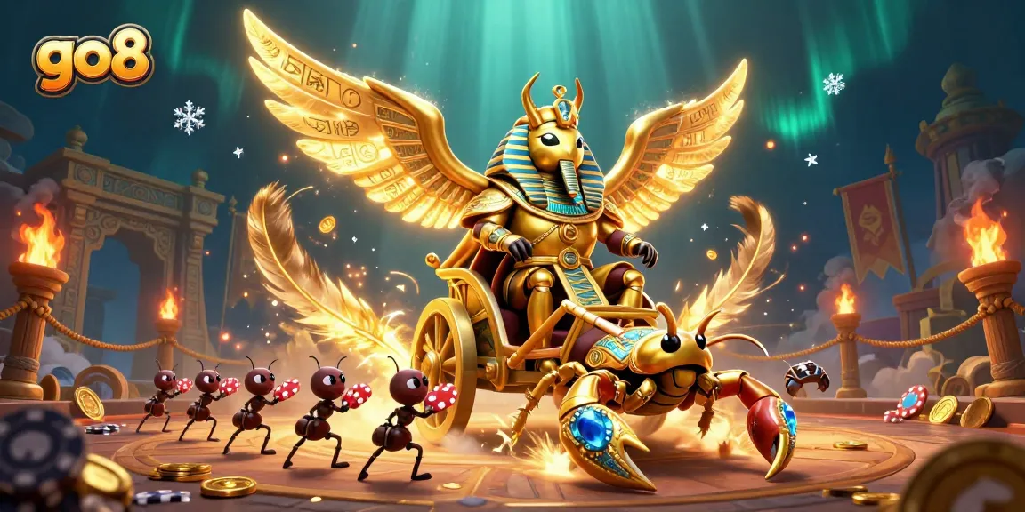 Experience go8's thrilling gaming journey with a colossal golden scarab and scorpions in a vibrant casino scene.