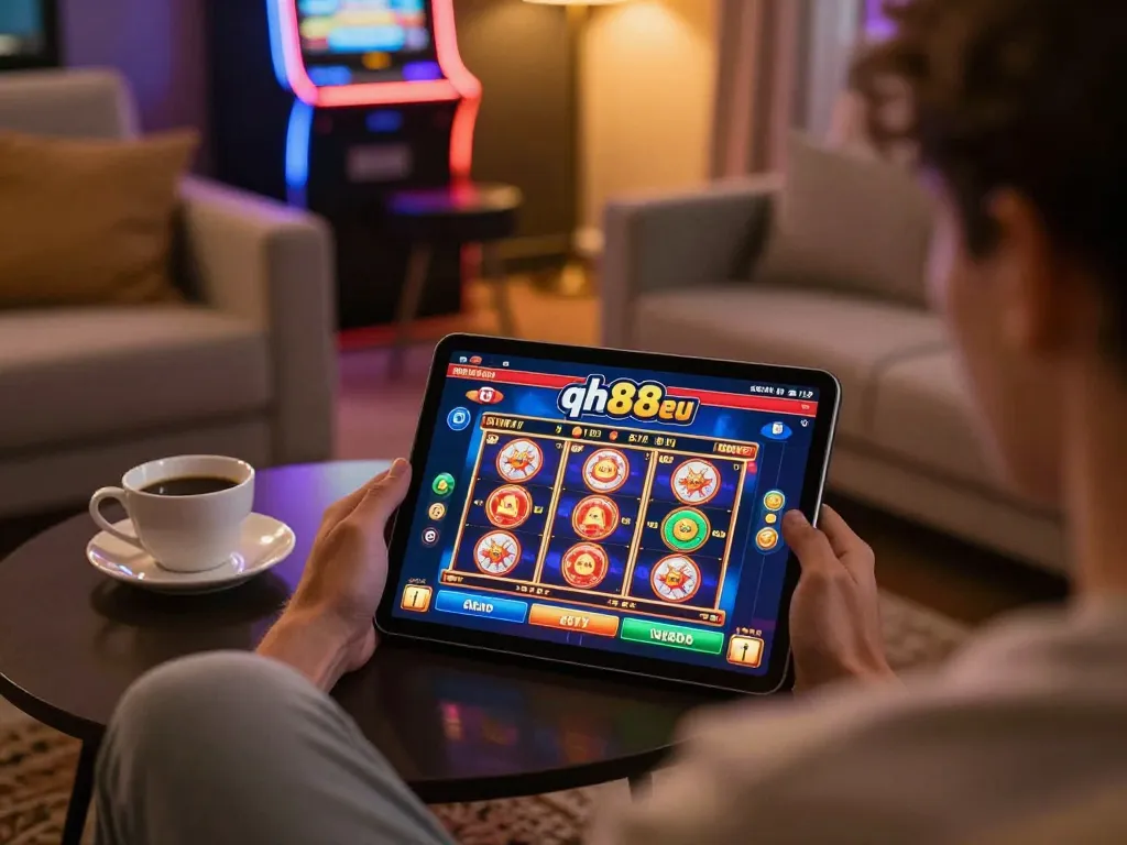 Player engaging with qh88eu on a tablet in a cozy home setting, showcasing online casino excitement