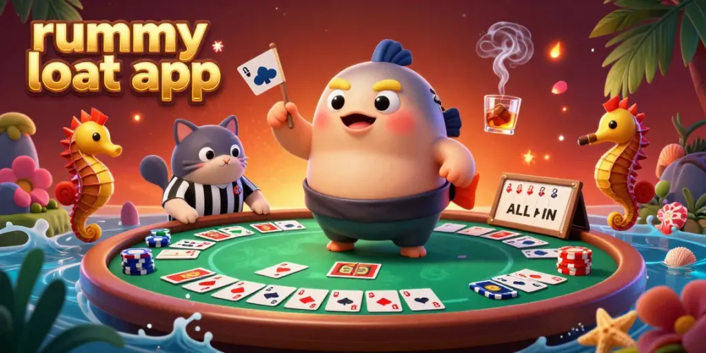 Engage in strategic gameplay with the rummy loot app showcasing 3D cartoon characters in an underwater poker scene.