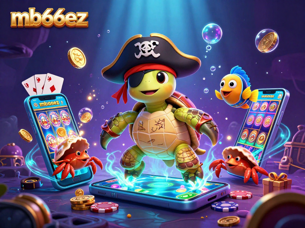 Engage with mb66ez's exciting digital casino world featuring a pirate turtle, crab, and fish among treasures.