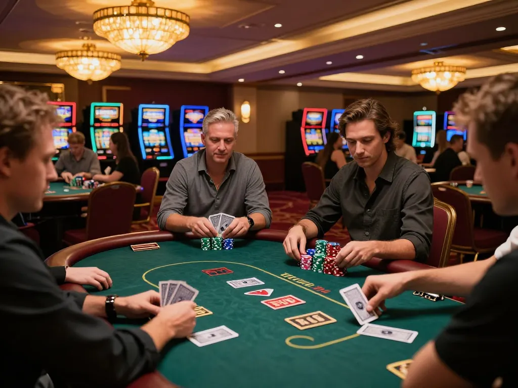 Players at af88 poker table engaged in high-stakes action, showcasing thrilling casino atmosphere.