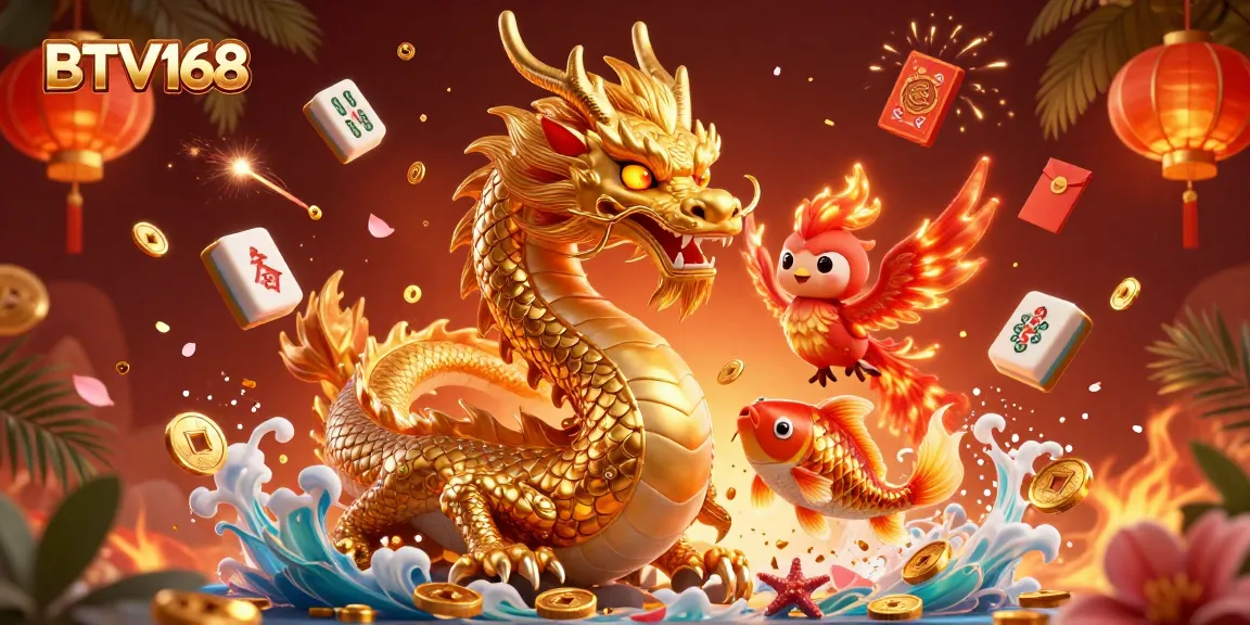 Engage in the thrilling BTV168 online gambling experience with vibrant dragons, phoenixes, and gold coins.