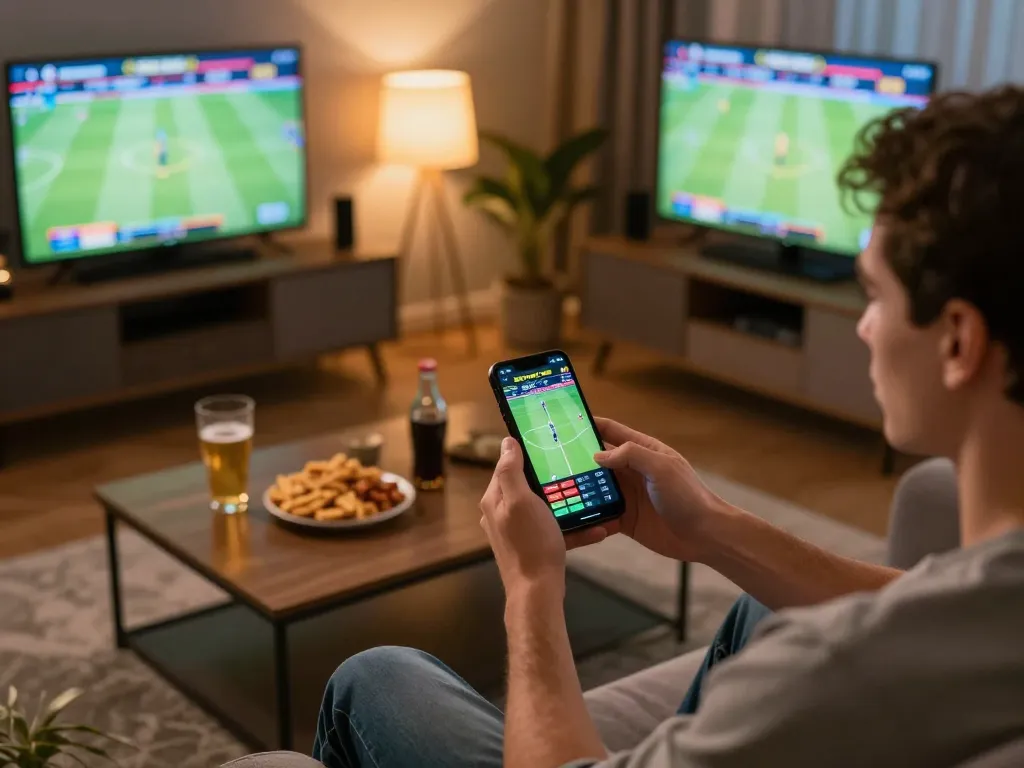 Engaging in sports betting action using smartphone on trang cá cược bóng đá platform in home setting.