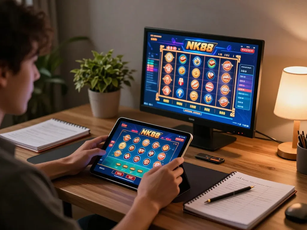 Engaging with NK88's online casino games on a tablet in a cozy home setup, displaying strategy notes.