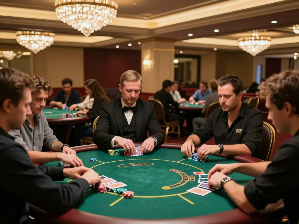 Experience hitclub excitement at the poker table with players betting in a luxurious casino.
