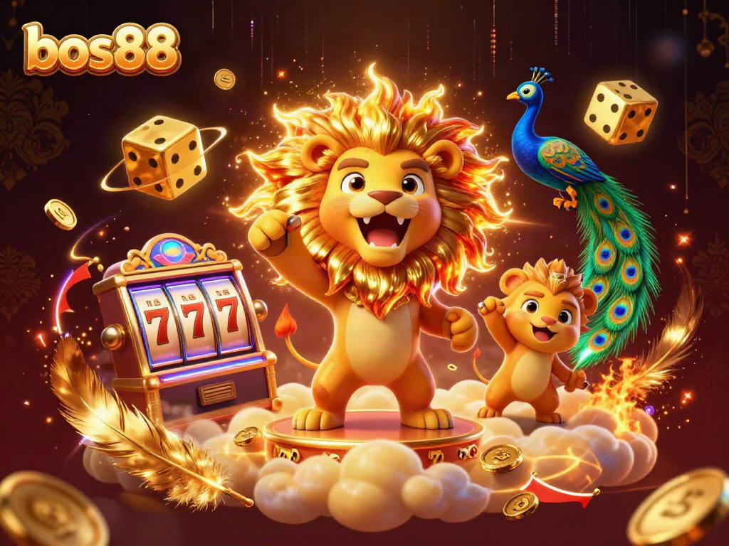Mengguncang slot bocoran bos88 dengan singa berkilau dan dadu emas yang bergulir.