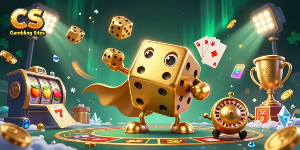 Engaging scene showcasing CS Gambling Sites with a golden dice golem character, vibrant casino elements, and dynamic betting action.