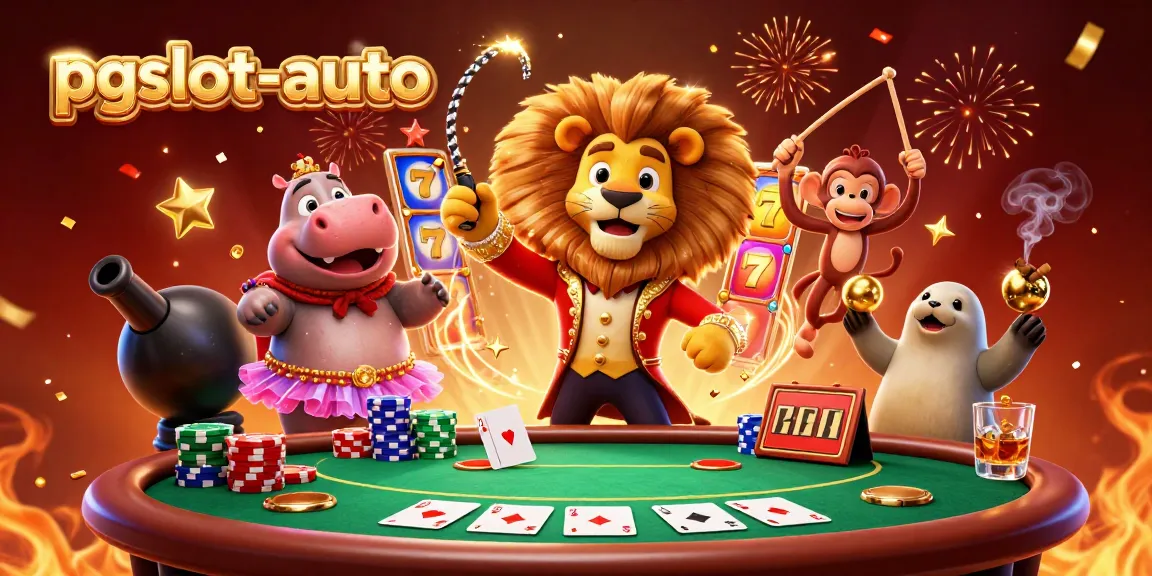 Spin the reels on pgslot-auto with a lively 3D circus scene featuring a lion, hippo, monkey, and seal amidst vibrant casino elements.