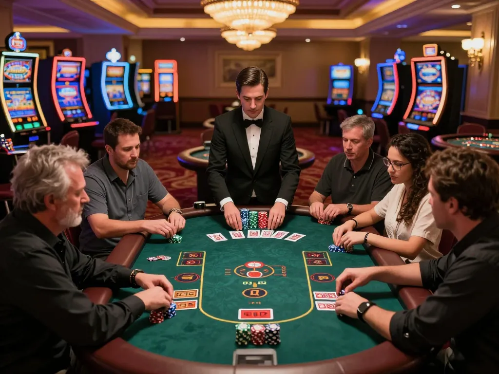Engaging moment at energileisureparks blackjack table with players placing bets and dealer managing action.