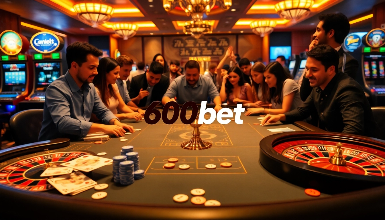 Players engaging in lively games at 600bet casino, showcasing excitement and luxury.