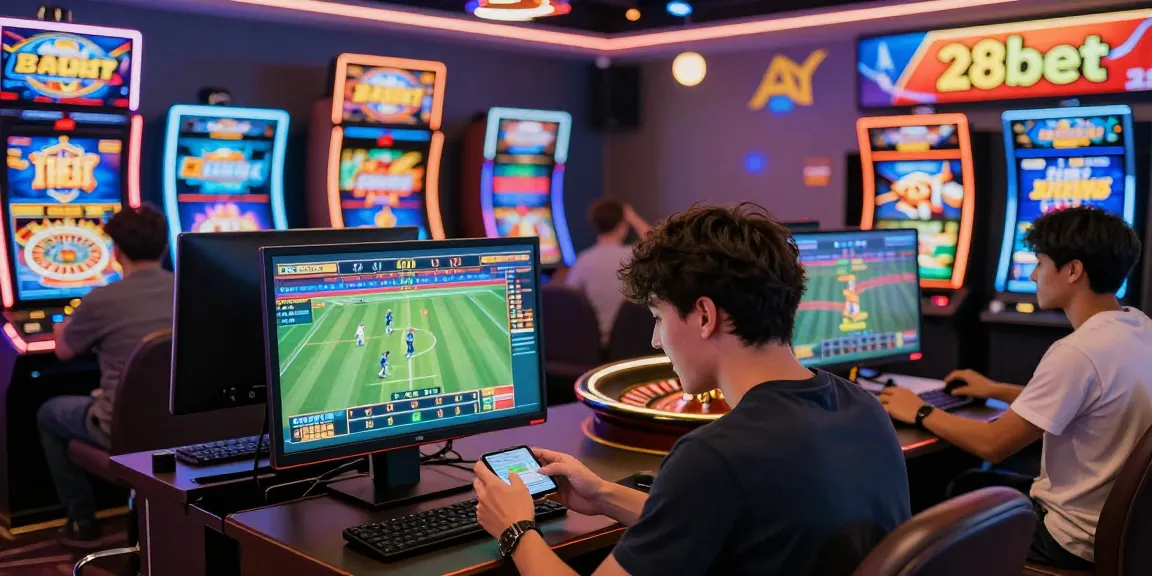 Exciting gaming scene featuring 28bet with players engaging in sports betting and casino games in a vibrant atmosphere.