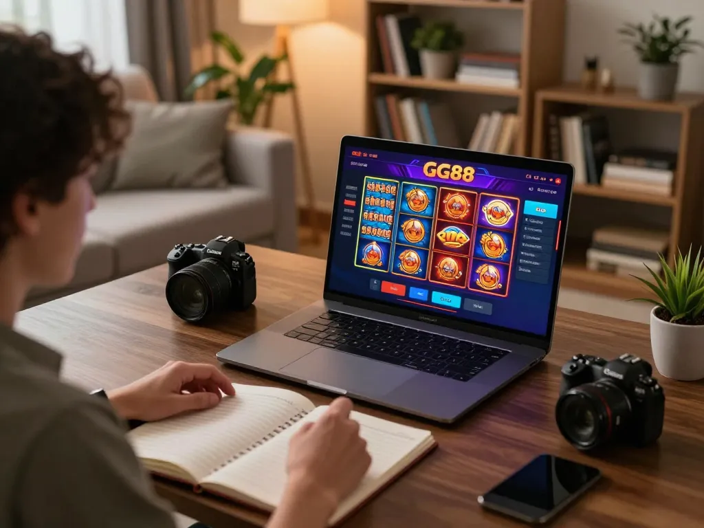 Engaging player using GG88 online casino platform on a laptop, showcasing responsible gaming.