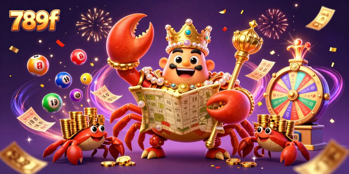 Engage with thrilling games on 789f with a vibrant 3D illustration showcasing a golden crab emperor and exciting casino elements.
