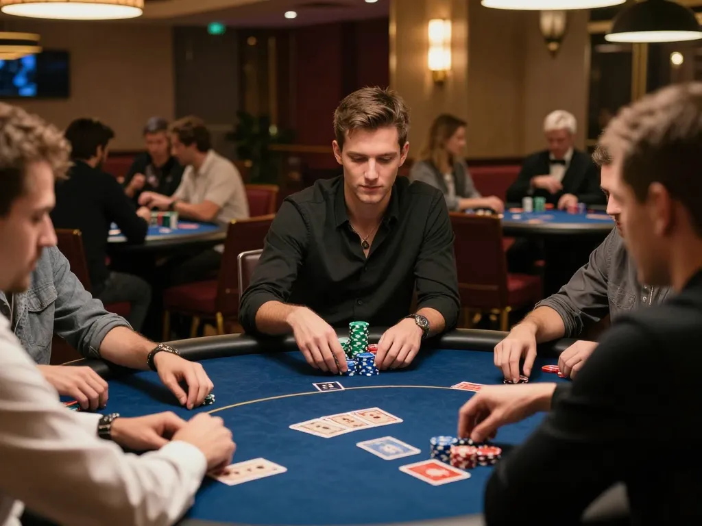 tr88 poker players making strategic bets in an upscale casino atmosphere