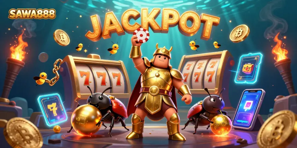 SAWA888 presents an action-packed casino scene with a beetle champion and crypto elements.