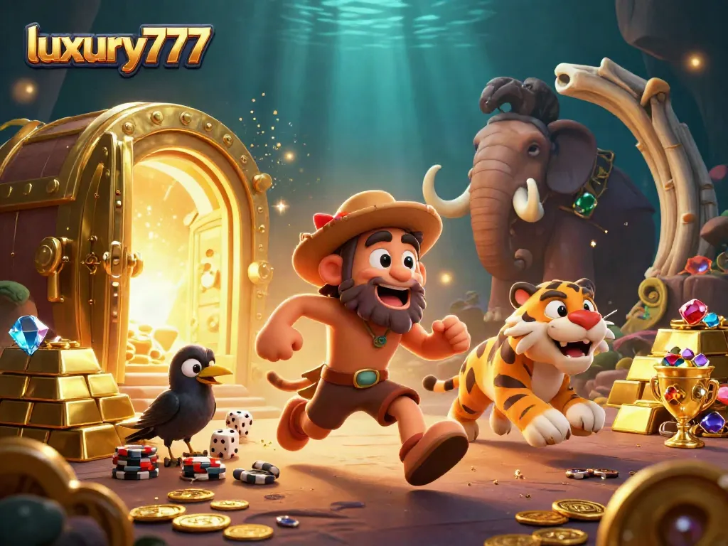 Engage with luxury777 in this vibrant casino scene featuring a cartoon caveman and friends.
