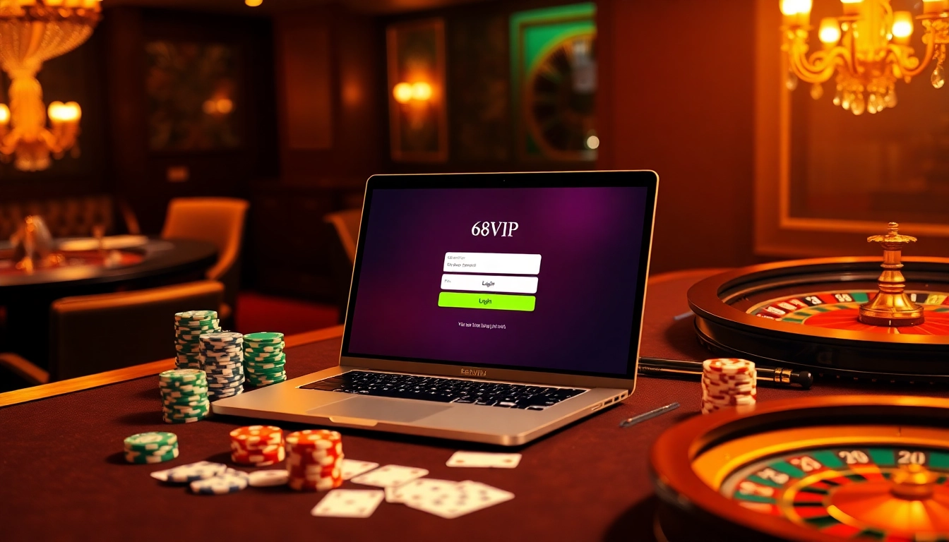 Login interface for Đăng Nhập Nhà Cái 68VIP alongside casino-themed elements like cards and chips.
