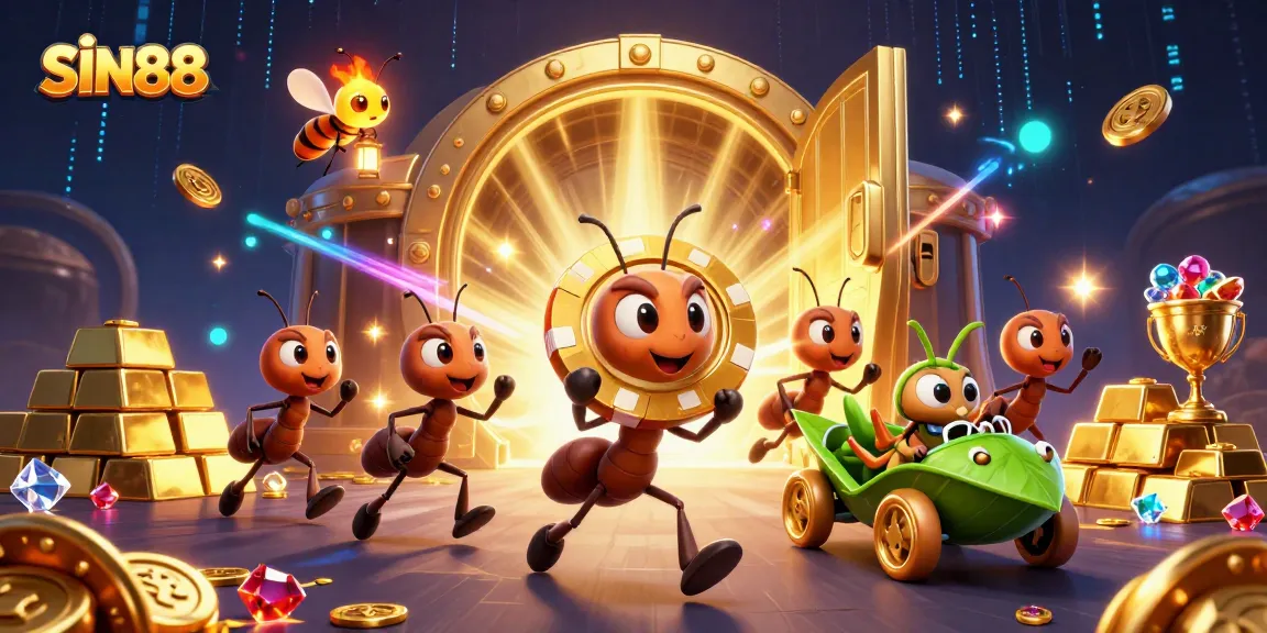 SIN88 ants carry a golden poker chip in a vibrant heist scene full of treasure