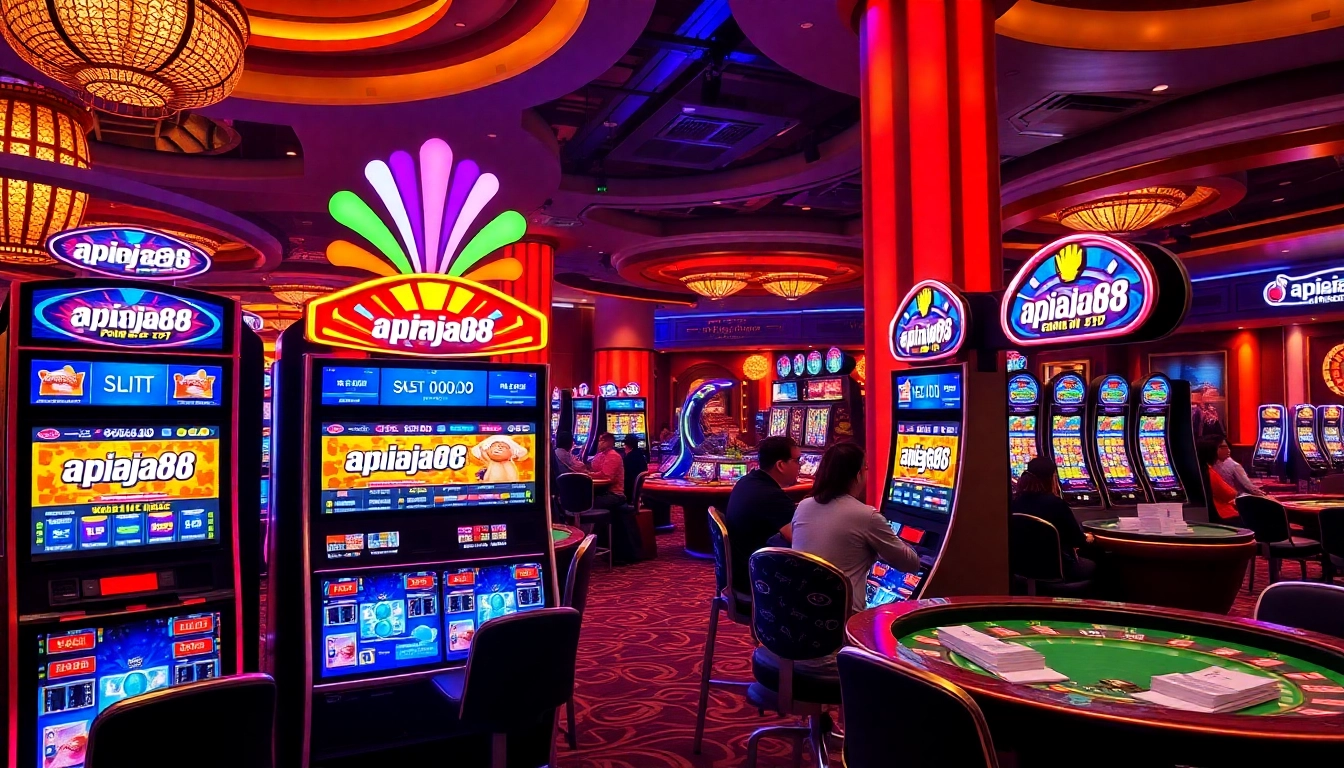 Players enjoying slot apiraja88 machines in a vibrant casino atmosphere filled with excitement.