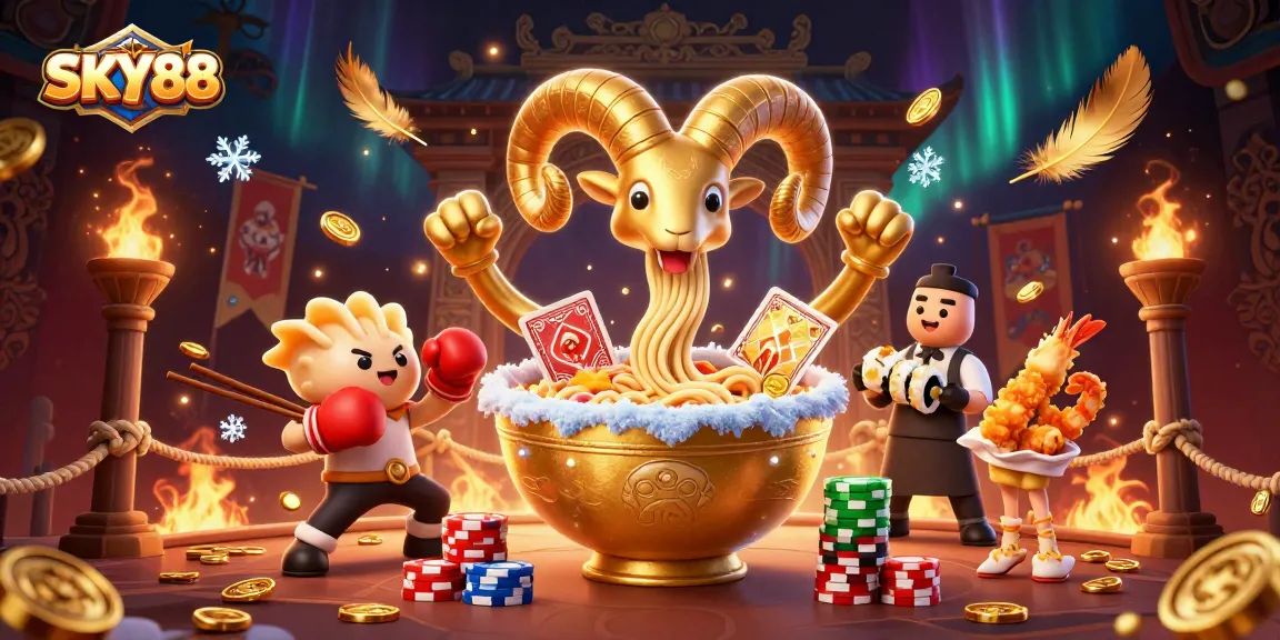 SKY88's vibrant casino scene with a golden ramen bowl dealer amidst energetic game action.