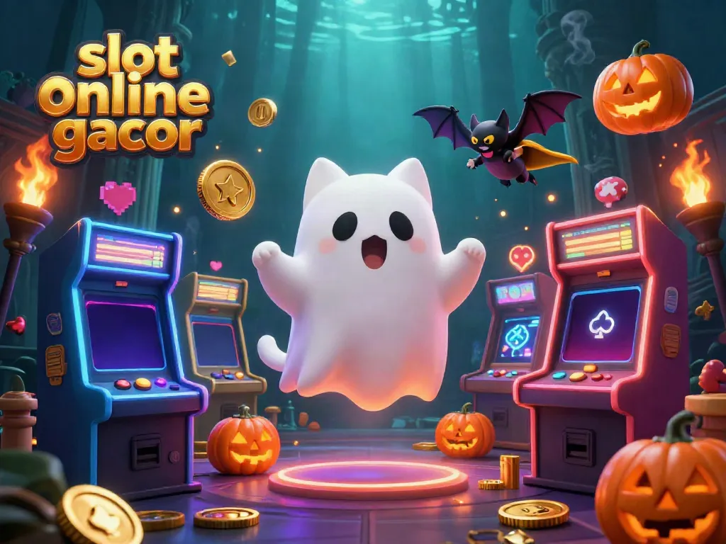 Engage in excitement with slot online gacor featuring a ghost cat, bat, and vibrant casino elements.