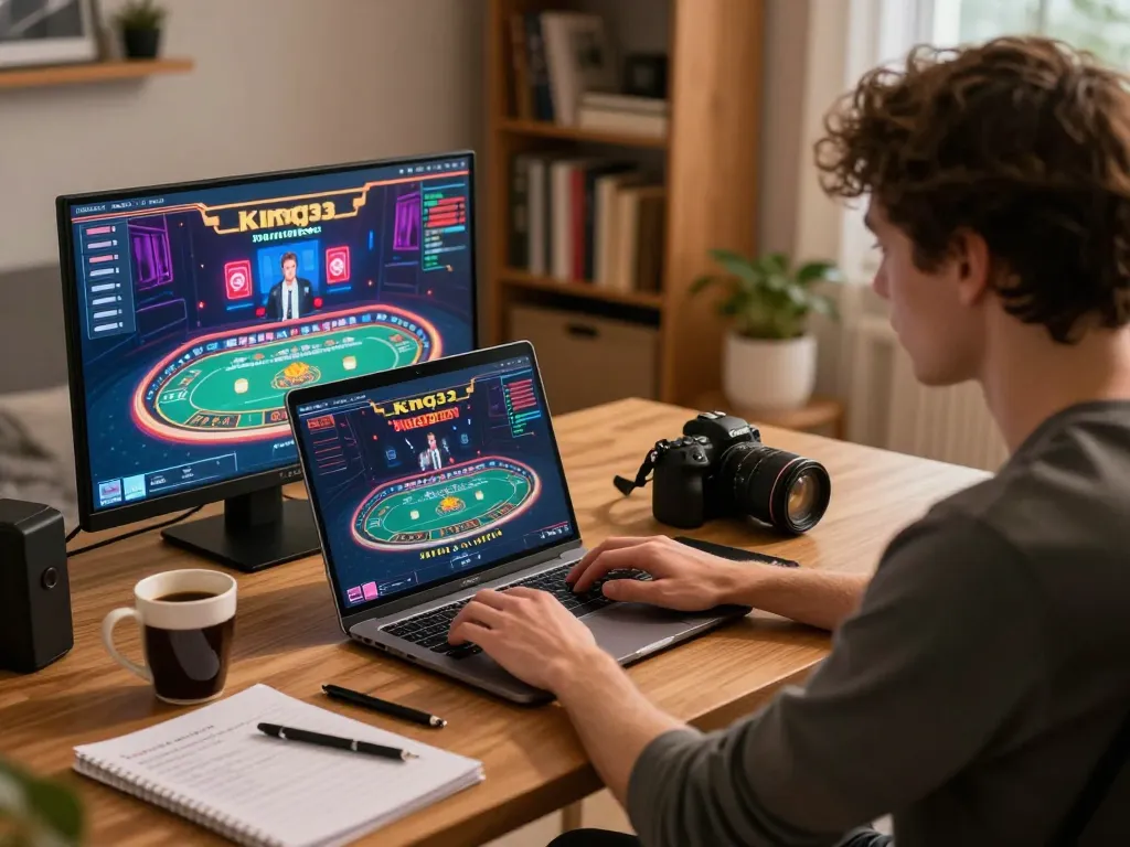Engaging in thrilling King33 live dealer games at home, showcasing strategy and relaxation.