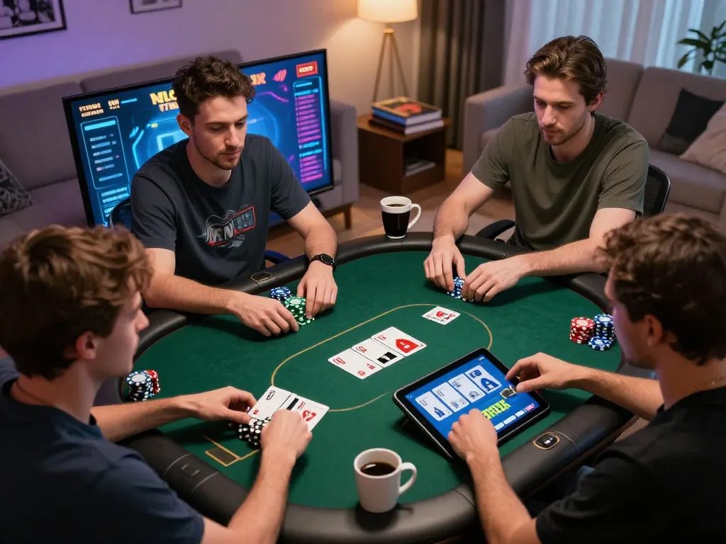 KONG 88 online poker session showcasing focused players in a cozy home setting.