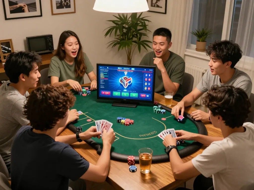 Kuwin players enjoying an engaging online poker night with friends, showcasing excitement and strategy.