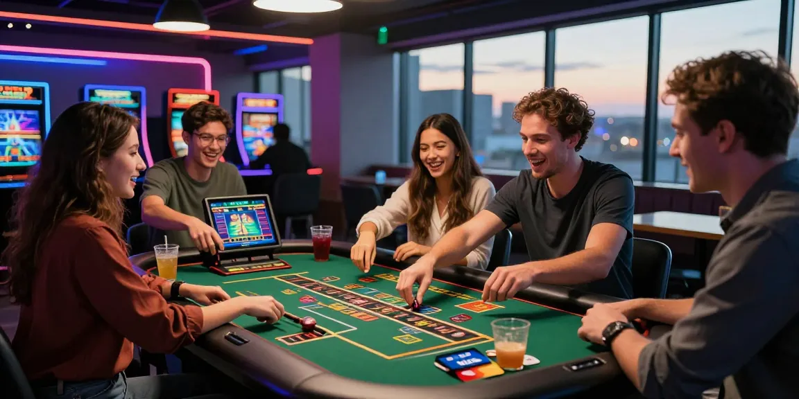 Exciting scene at https://eviz.org.uk showcasing friends enjoying games at a credit card casino lounge.
