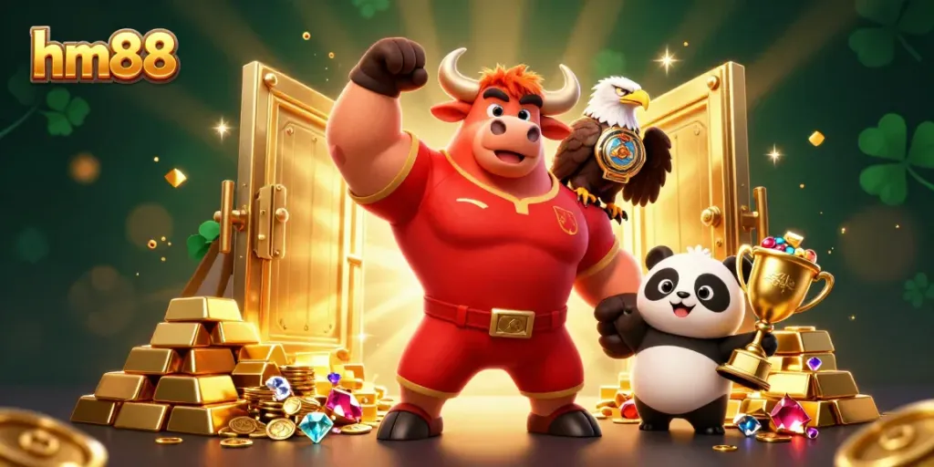 Experience the excitement of hm88 with a victory pose from the cartoon bull mascot, capturing the thrill of online gaming.