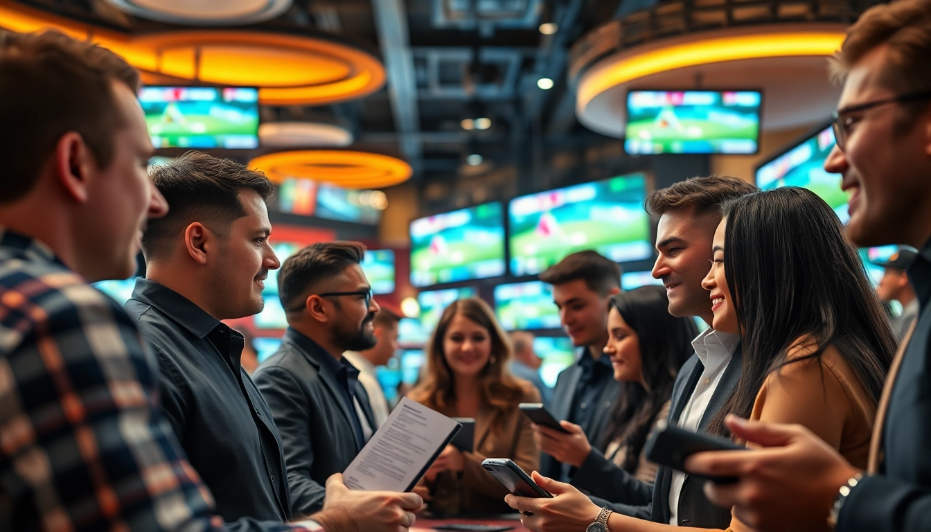 Engaged gamblers experience the excitement of online betting in a lively sportsbook setting.