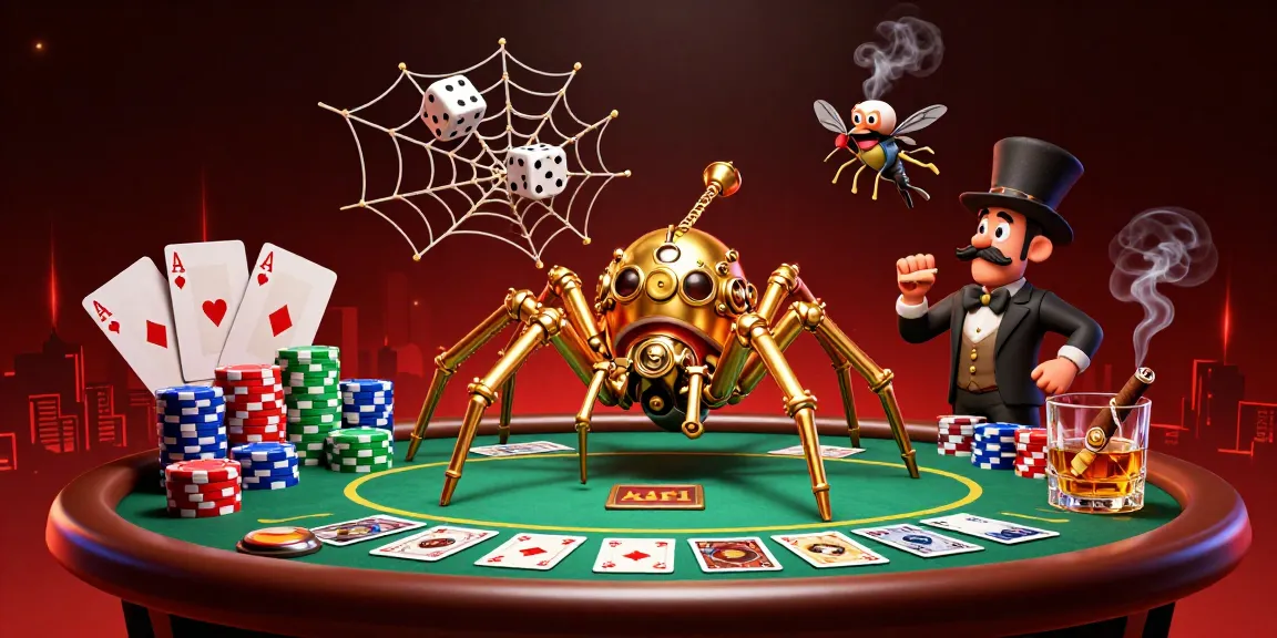 Experience credit card casinos with a dynamic scene featuring a golden spider and poker elements.