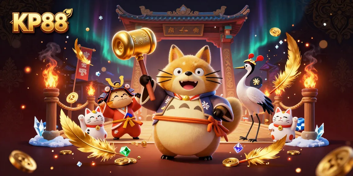 KP88 celebrates with cheerful tanuki and fortune cats amidst casino festivities and winning elements.
