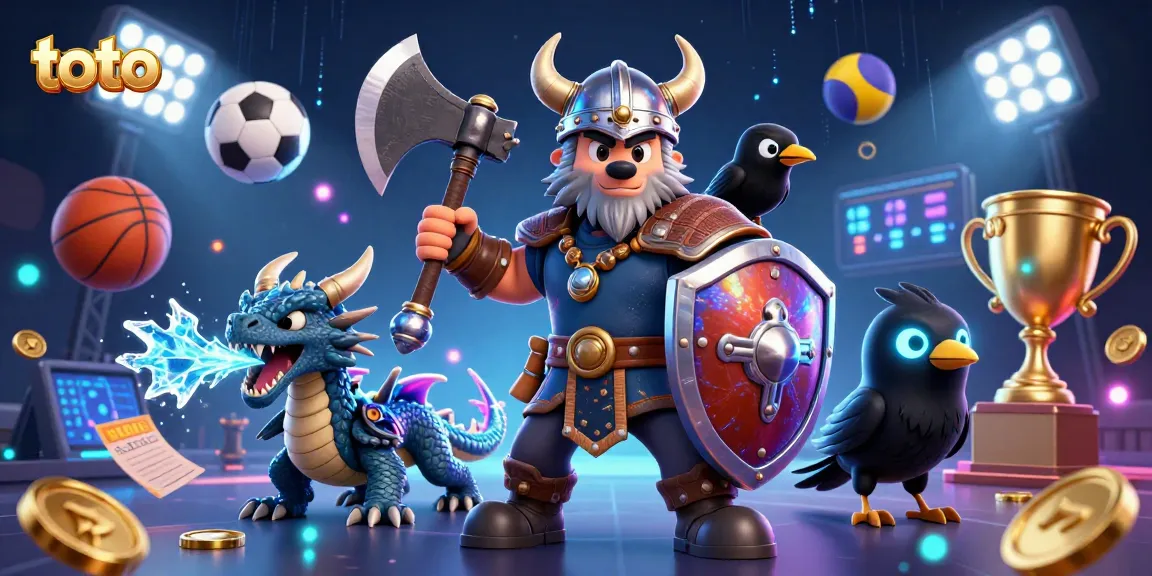 Experience thrilling toto gaming action with a Viking warrior, icy dragon, and vibrant sports elements.