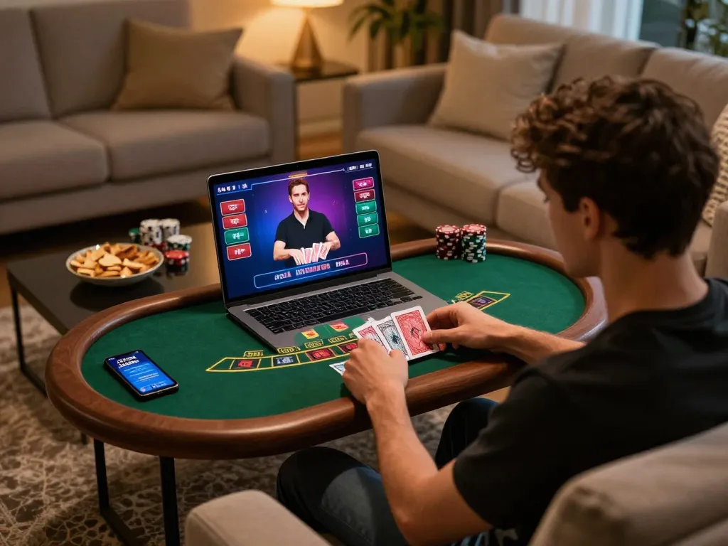 Player engaging with gi8 online casino on laptop while enjoying a cozy home atmosphere.