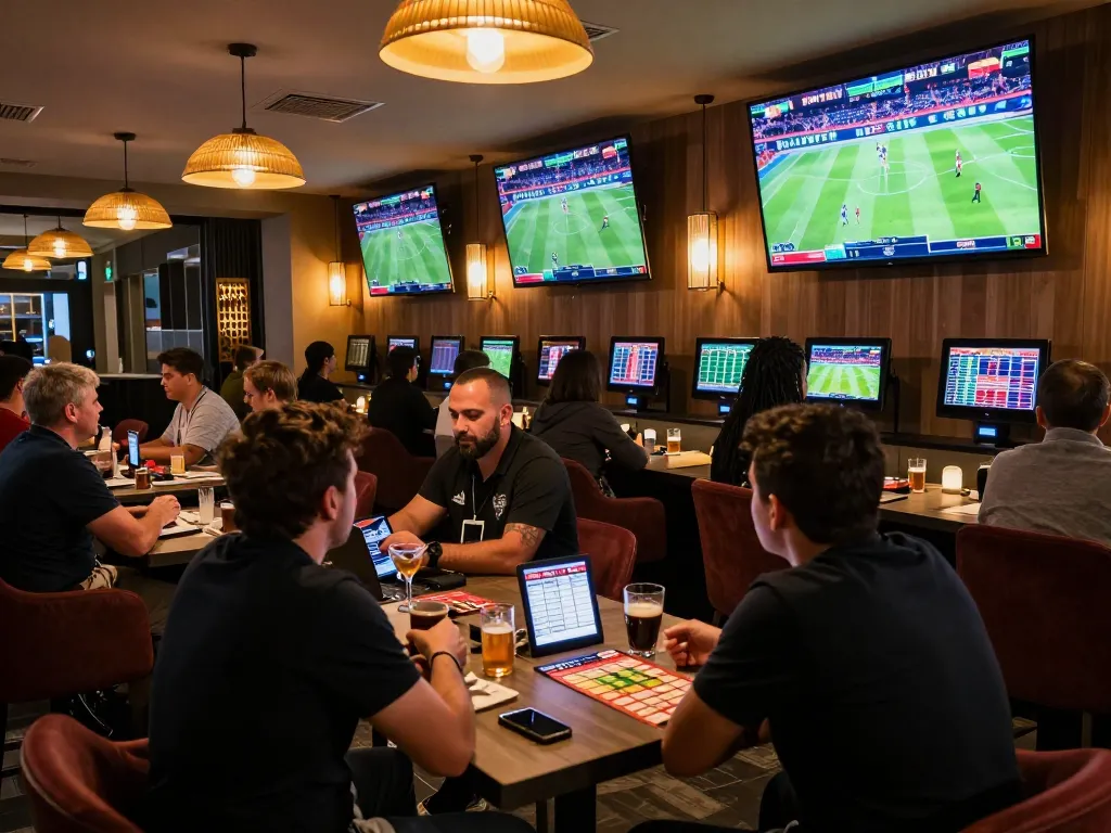 Engaged sports fans placing bets with kèo nhà cái hôm nay and lively atmosphere in modern lounge.