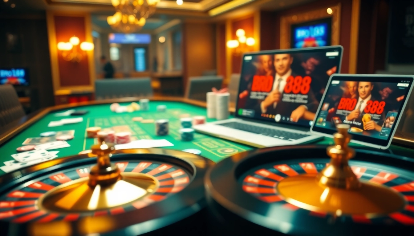 Players enjoying games on Bro138 platform with vibrant casino elements and professional atmosphere.