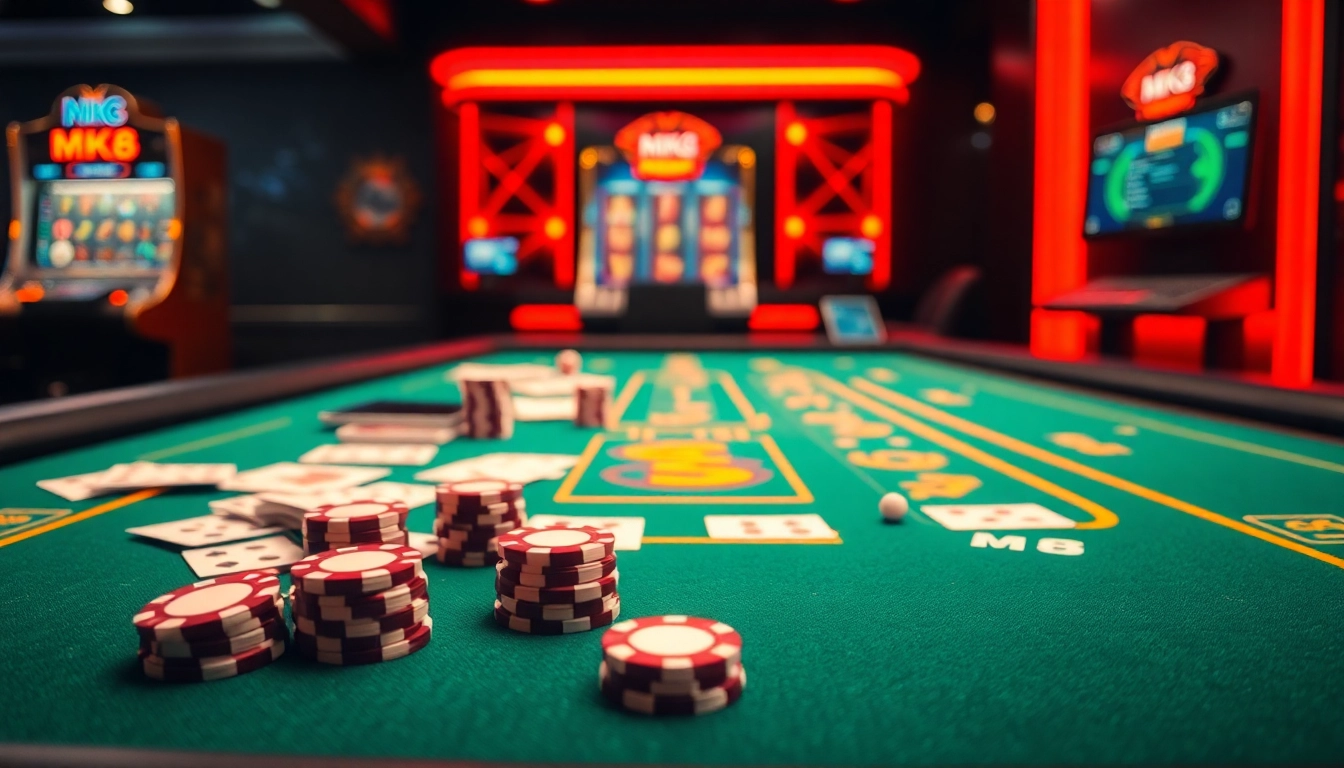 Experience excitement at MK8 casino with vibrant gambling elements like poker chips and cards.