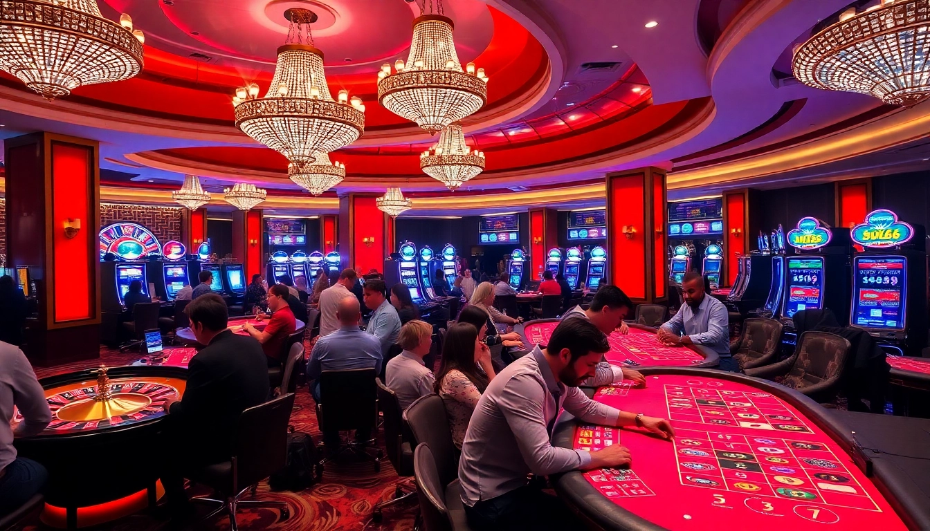 Engaging players enjoying casino games at MB66 with vibrant lights and excitement.